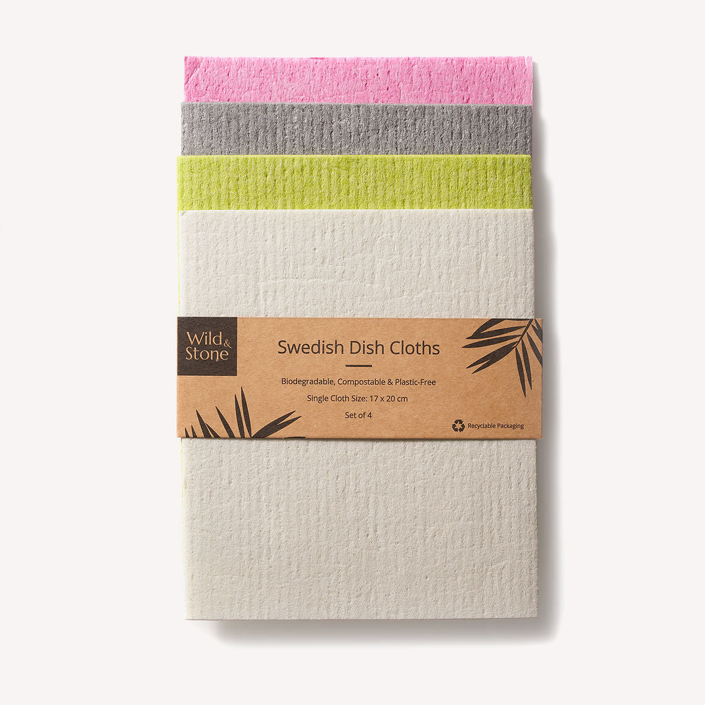 Set of four Wild And Stone compostable Swedish dish cloths with colorful, eco-friendly fabric for kitchen cleaning.