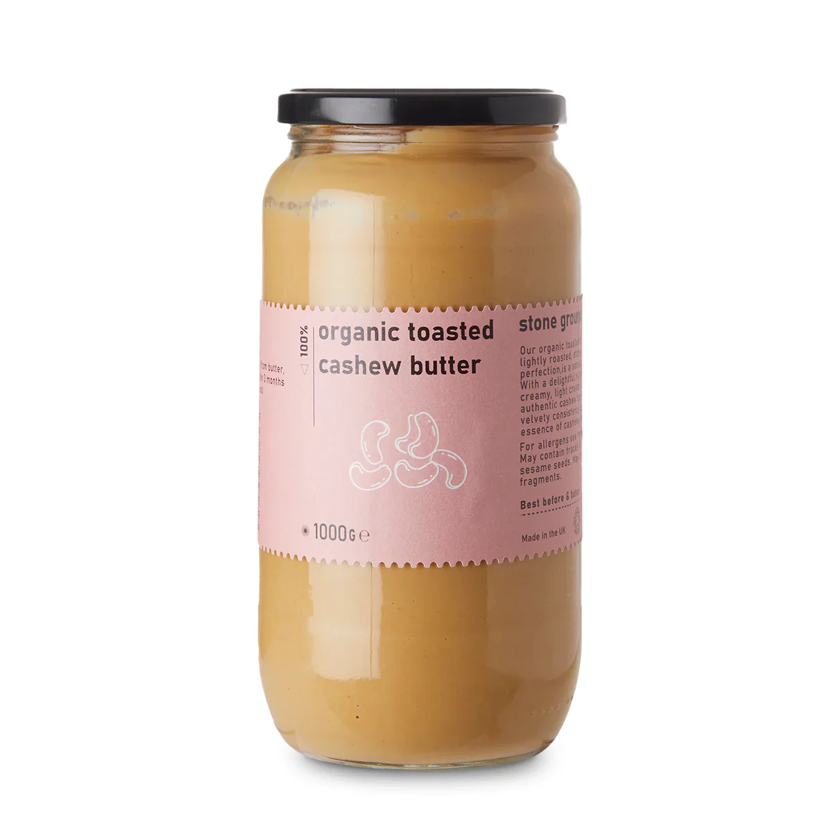 Organic toasted cashew butter from Whole Food Earth in a 1000g jar, showcasing creamy texture and natural nutty appearance.