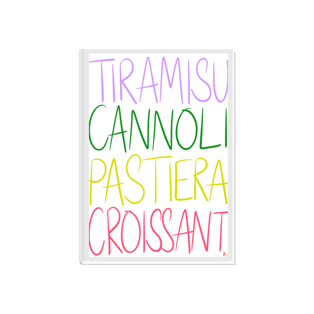 Colorful Italian kitchen print featuring playful dessert illustrations, perfect for dessert lovers and home decor.