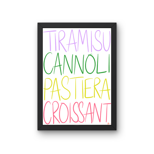 Colorful cheeky Italian kitchen print featuring dessert illustrations, designed by Peak Prints for dessert lovers.