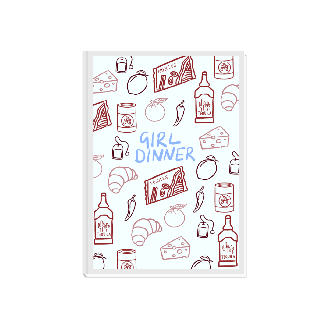 Girl dinner kitchen print featuring wine and food slogans in vibrant colors, designed by Peak Prints for kitchen decor.