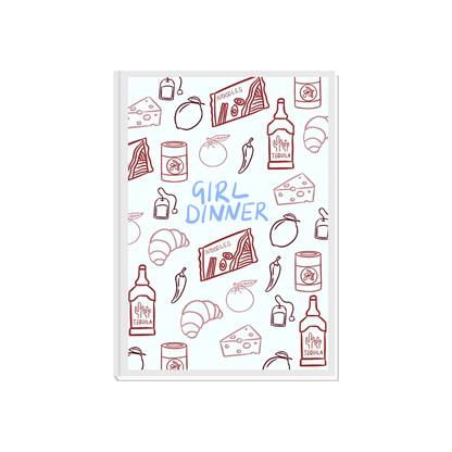 Girl dinner kitchen print featuring wine and food slogans in vibrant colors, designed by Peak Prints for kitchen decor.