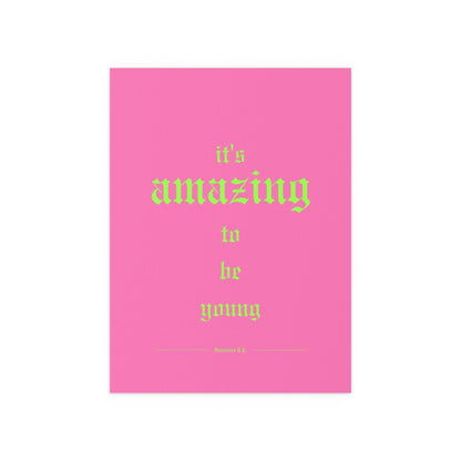 Pink poster of Fontaines DC's "It's Amazing To Be Young" by Glow On Prints, featuring band artwork on a vibrant background.