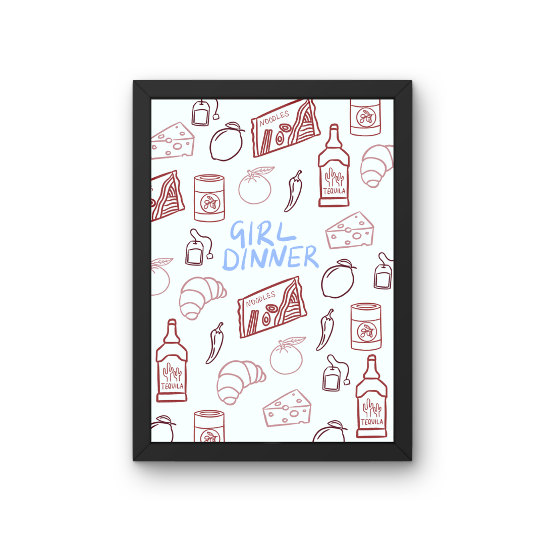 Girl Dinner slogan print featuring kitchen, wine, and food illustrations on a white background by Peak Prints
