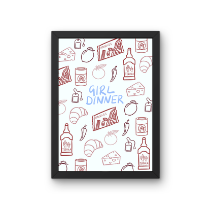 Girl Dinner slogan print featuring kitchen, wine, and food illustrations on a white background by Peak Prints