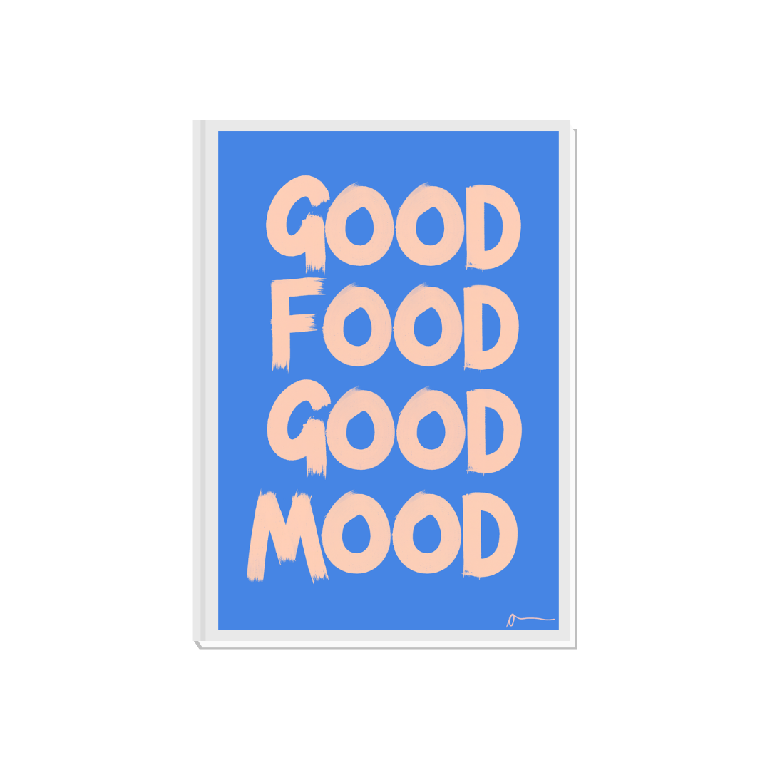 Blue typographic print featuring the phrase "Good Food Good Mood" with food and drink illustrations, designed by Peak Prints.
