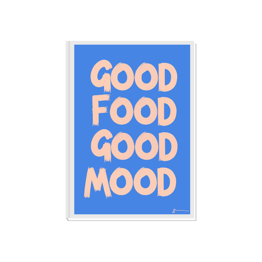 Blue typographic print featuring the phrase "Good Food Good Mood" with food and drink illustrations, designed by Peak Prints.
