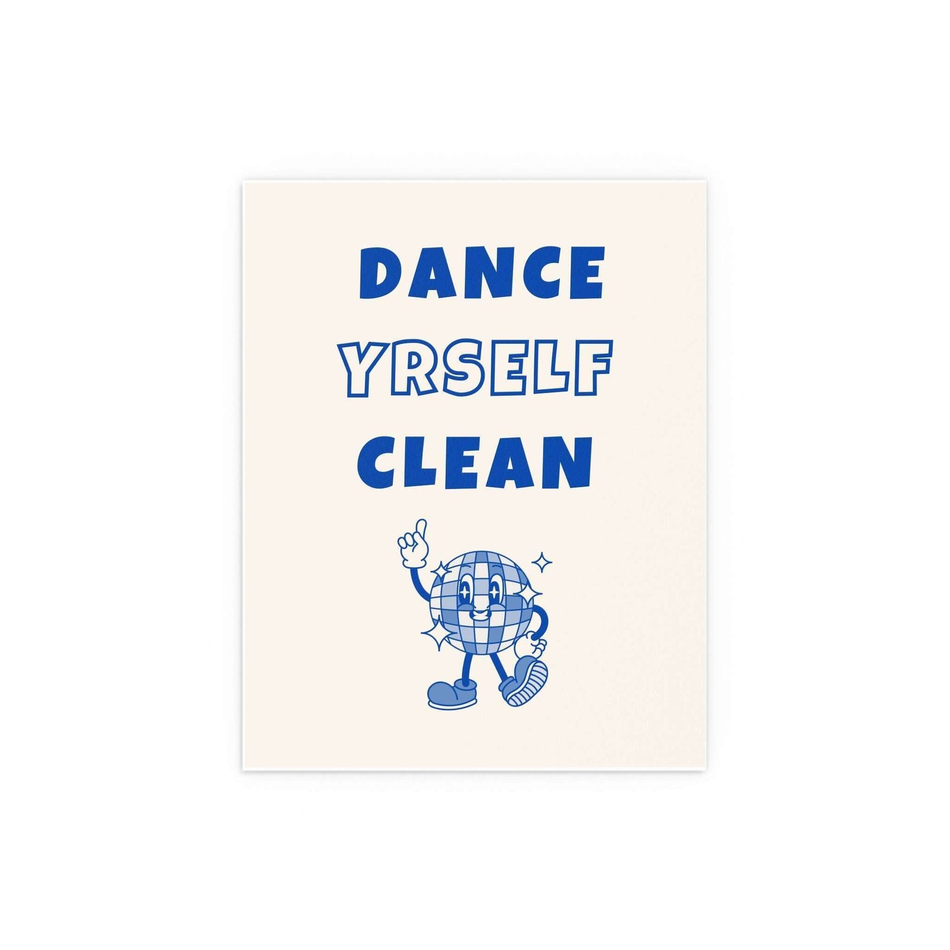 Off-white and blue LCD Soundsystem "Dance Yrself Clean" poster by Glow On Prints, featuring bold graphic design.