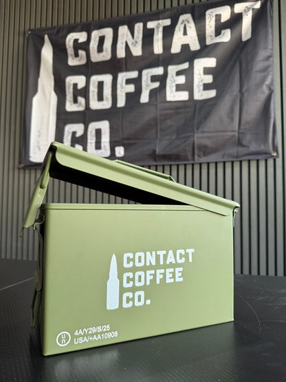 Contact Coffee Company Ltd. Coffee Ammo Box gear with rugged metal design and military-inspired look for storage or display.