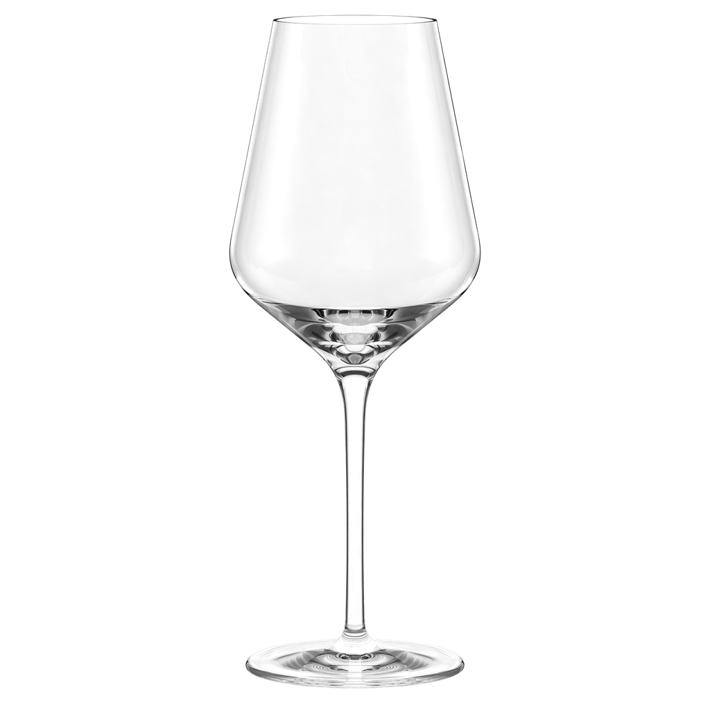 Set of four Stolzle Lausitz Quatrophil red wine glasses, 570ml capacity, with clear glass bowls and stems, in a box of six.
