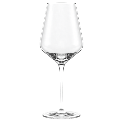 Set of four Stolzle Lausitz Quatrophil red wine glasses, 570ml capacity, with clear glass bowls and stems, in a box of six.
