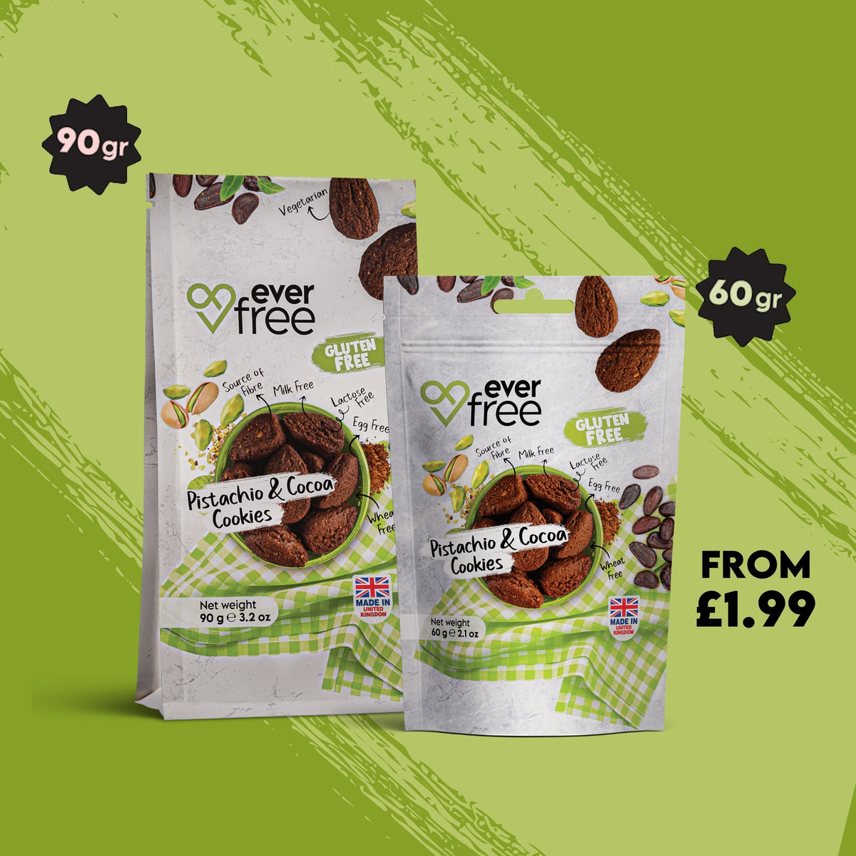 EverFree gluten-free pistachio and cocoa cookie showing a crispy, chocolatey biscuit with visible pistachio pieces.