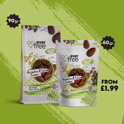 EverFree gluten-free pistachio and cocoa cookie showing a crispy, chocolatey biscuit with visible pistachio pieces.