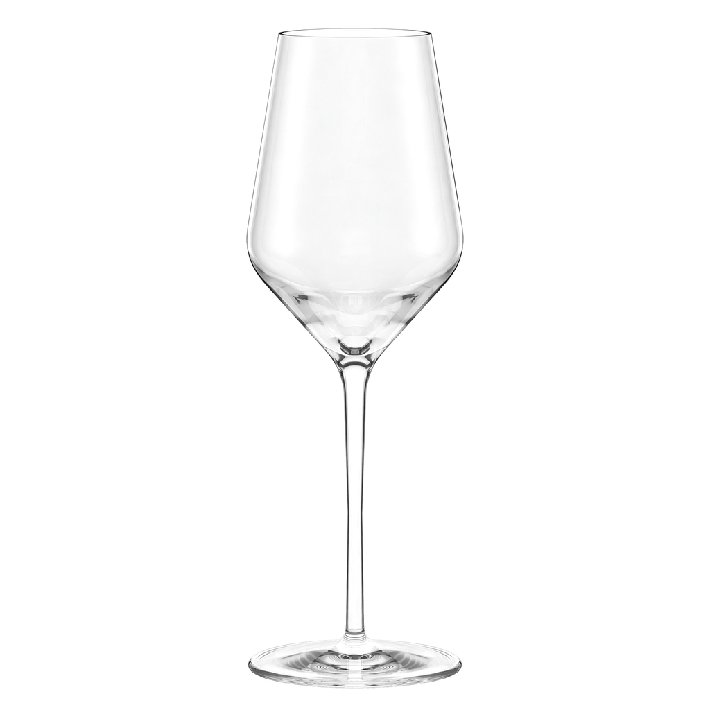 Set of six Stolzle Lausitz Quatrophil white wine glasses, 405ml capacity, elegant clear glassware for wine drinking.