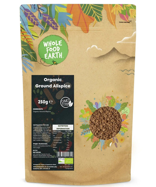 Organic ground allspice spice in a clear glass jar, showing the dark, finely ground spice used for cooking and baking.