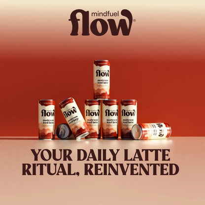 Four-pack of MINDFUEL FLOW Lion's Mane Oat Latte with Salted Caramel flavor, showing creamy lattes in clear glasses with caramel drizzle.