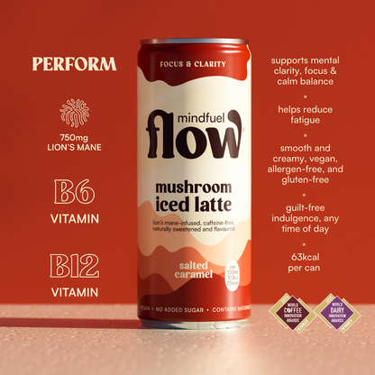 Four-pack of MINDFUEL FLOW Lion's Mane Oat Latte with Salted Caramel flavor, featuring creamy oat latte drinks in colorful bottles.