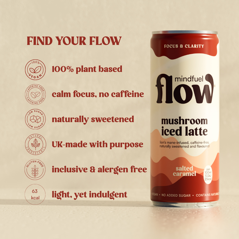 Four packs of MINDFUEL FLOW Lion's Mane Oat Latte with Salted Caramel flavor, featuring creamy oat milk and salted caramel swirls.