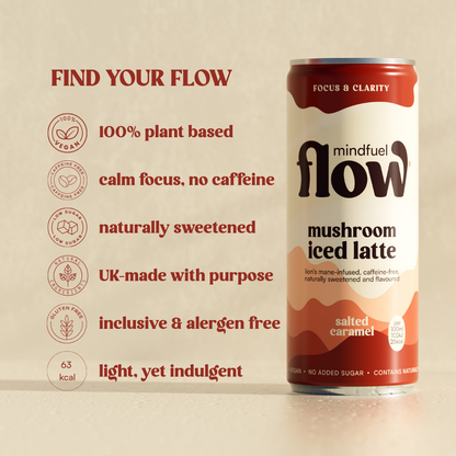 Four packs of MINDFUEL FLOW Lion's Mane Oat Latte with Salted Caramel flavor, featuring creamy oat milk and salted caramel swirls.