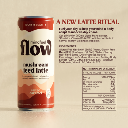 Four-pack of MINDFUEL FLOW Lion's Mane Oat Latte Salted Caramel functional drinks in bottles with caramel flavor and lion's mane mushroom branding.