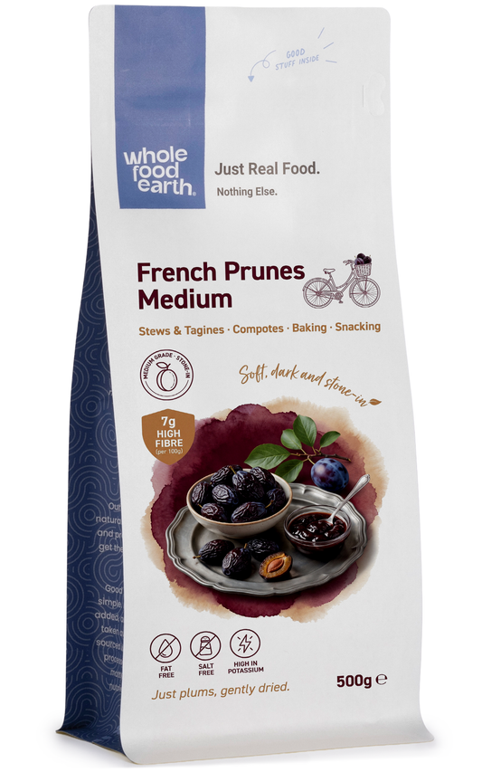Dried French Prunes from Whole Food Earth, medium-sized, unsorbated, natural dried fruit with wrinkled dark skin.