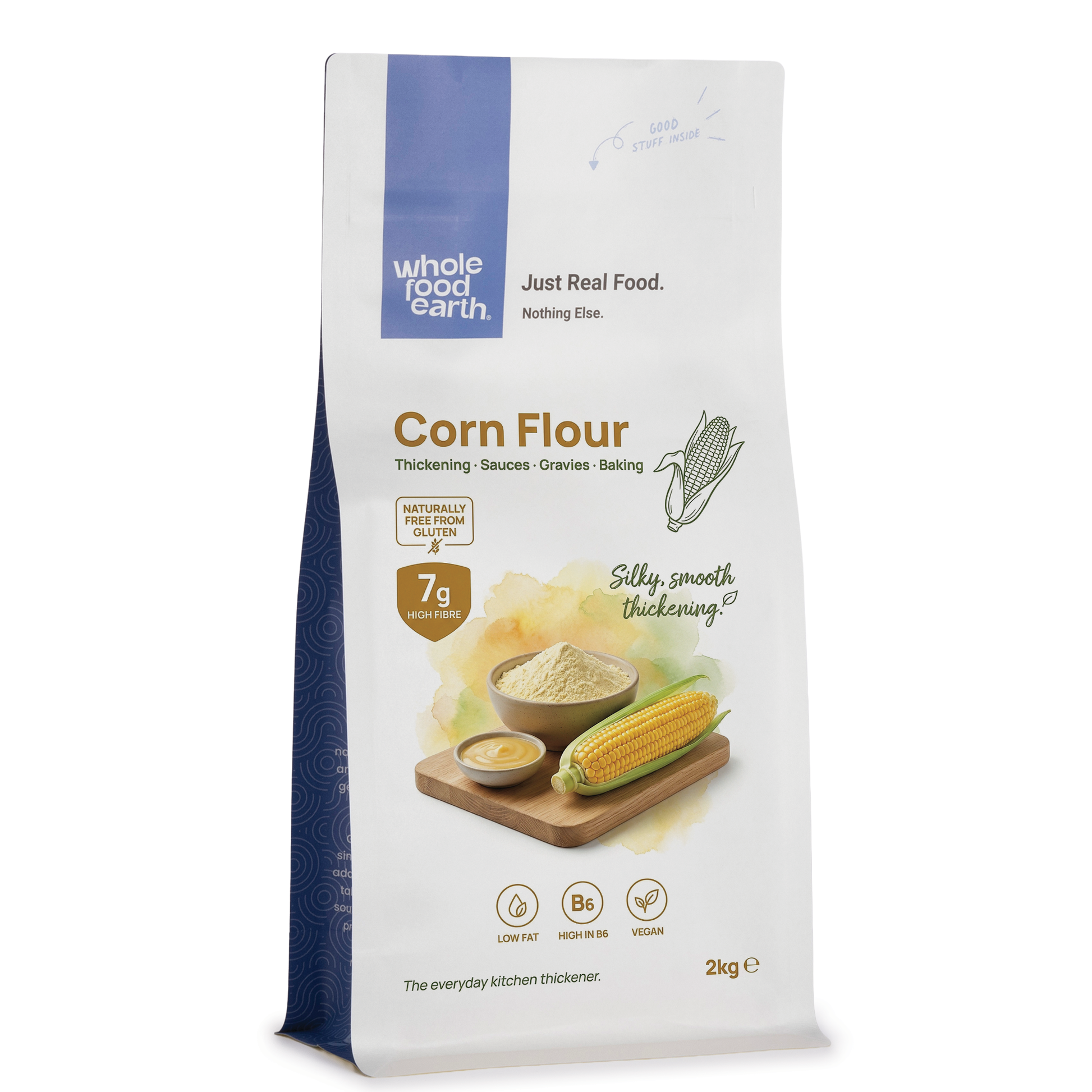 Whole Food Earth corn flour from Serious Grains, fine yellow cornmeal for baking and cooking, in a packaging shot.