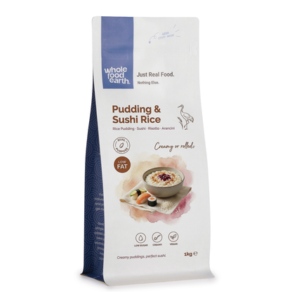 Whole Food Earth pudding and sushi rice, a package of rice and couscous product, with a white rice grain close-up image.