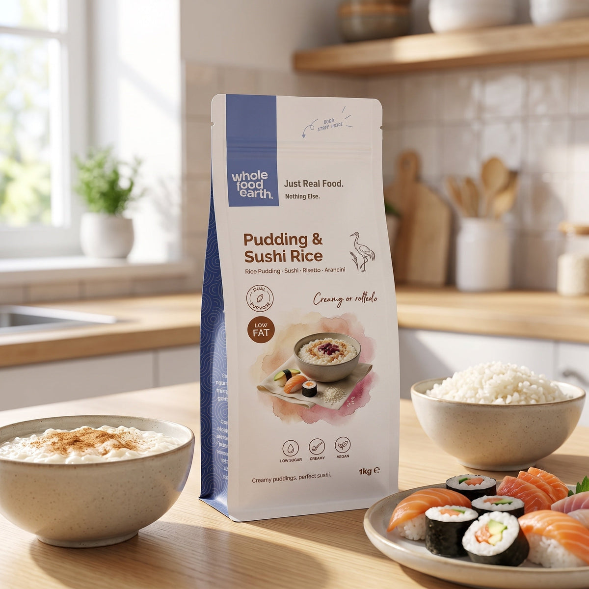 Whole Food Earth pudding and sushi rice grains in a bowl, showcasing the versatile rice and couscous product.