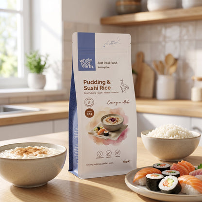 Whole Food Earth pudding and sushi rice grains in a bowl, showcasing the versatile rice and couscous product.