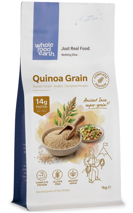 Whole Food Earth quinoa grain in a clear bowl, showcasing the light, fluffy quinoa seeds on a neutral background.