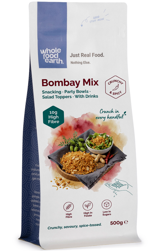 Whole Food Earth Bombay Mix featuring gram flour noodles, peas, peanuts, and lentils in a colorful specialty snack mix.