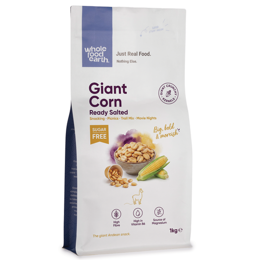 3D image of Whole Food Earth Giant Corn Ready Salted, a specialty snack corn with salted flavor, shown in a colorful package.