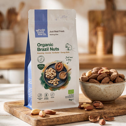 Whole Food Earth whole Brazil nuts in a bowl, showing their large, creamy, and textured nut kernels, ideal for snacking and baking.
