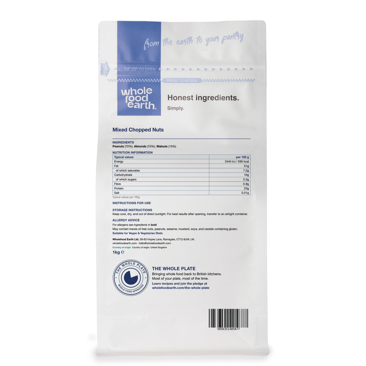 Back view of Whole Food Earth mixed chopped nuts, a healthy blend of nuts and seeds in a resealable package.