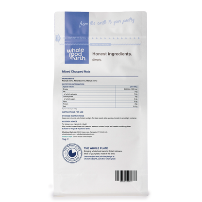 Back view of Whole Food Earth mixed chopped nuts, a healthy blend of nuts and seeds in a resealable package.