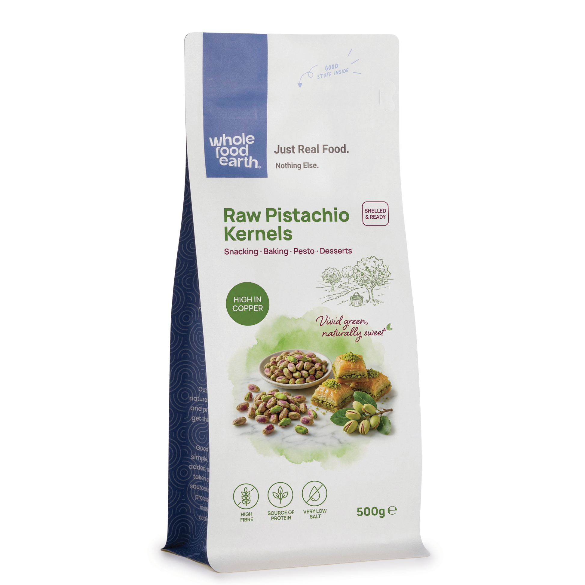Raw pistachio kernels from Whole Food Earth, a natural nuts and seeds product with green and tan shelled pistachios.
