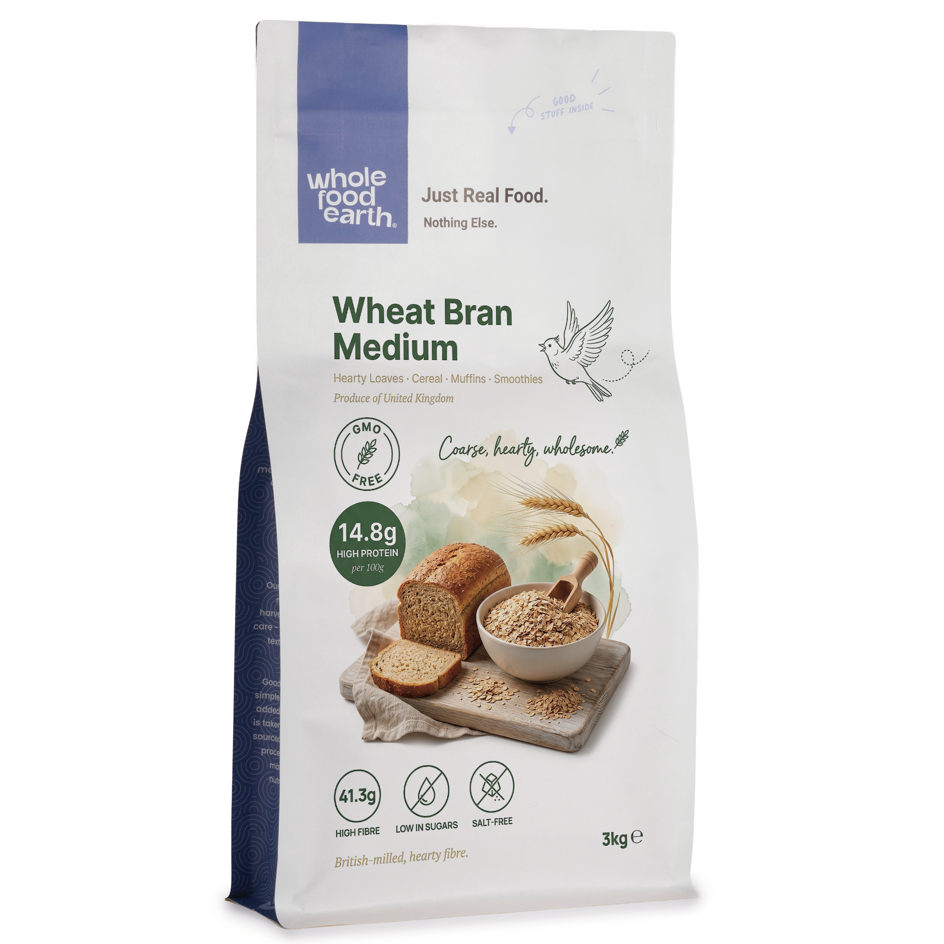 Whole Food Earth wheat bran medium cereal in a clear bowl, showing the light brown, textured bran flakes on a white background.