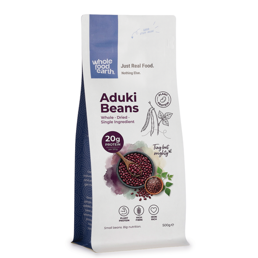Whole Food Earth Aduki beans, small red beans for cooking and healthy meals, shown in a natural 3D image.