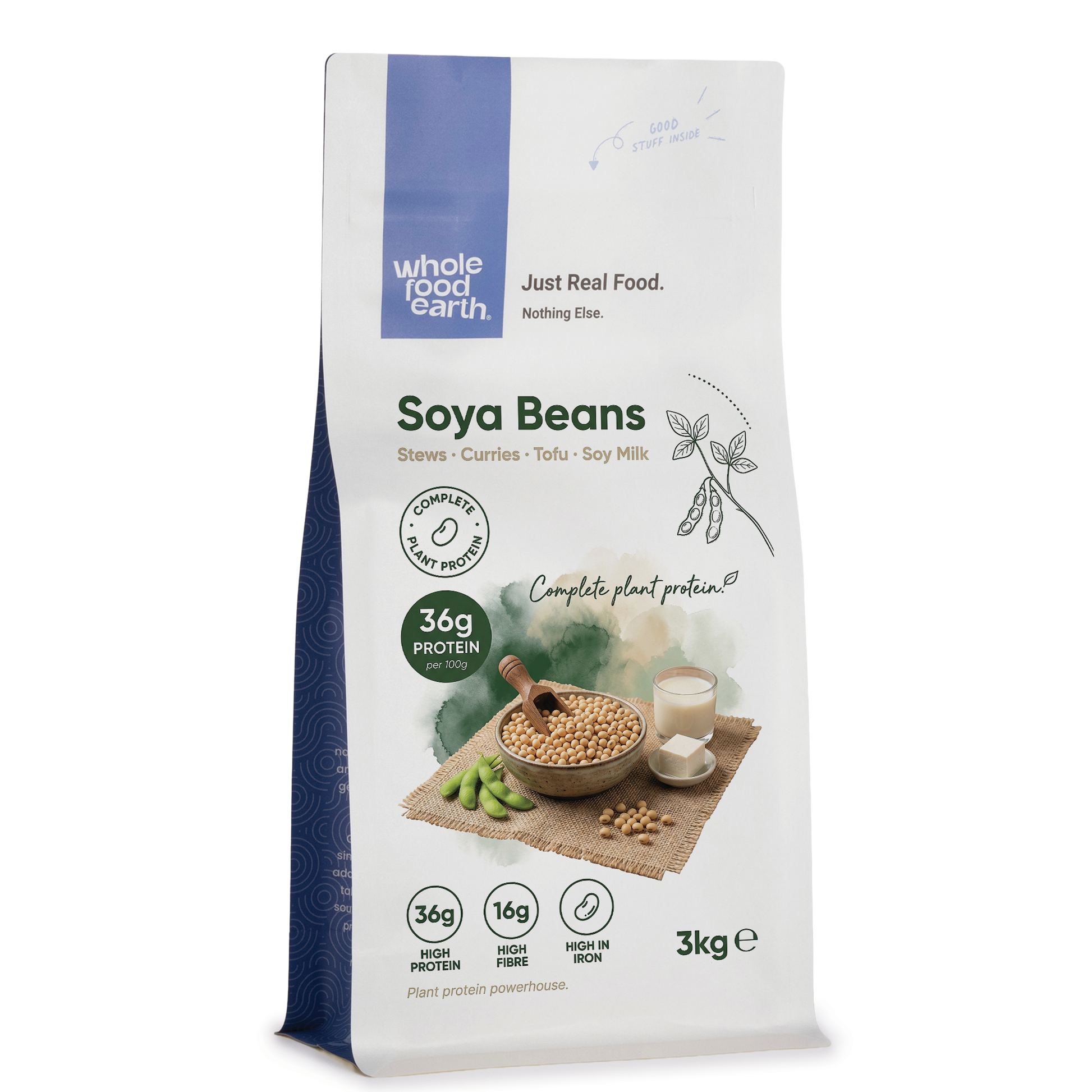 Whole Food Earth soy beans, organic beans and pulses, small beige soy beans in a clear bowl on a white background.