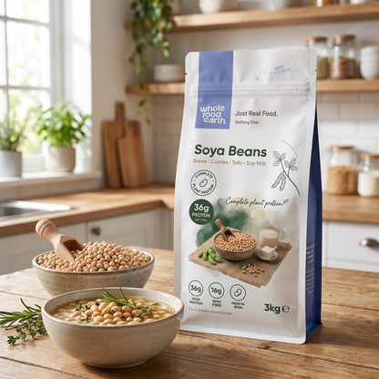 Whole Food Earth soy beans, organic beans and pulses in a natural setting, showcasing fresh, raw soy beans for cooking and health.