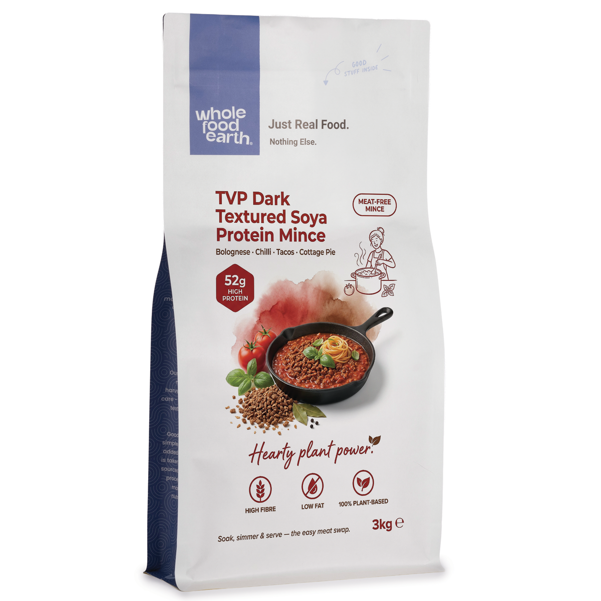 Dark textured soya protein mince from Whole Food Earth, shown in a bowl with beans and pulses, ready for cooking.