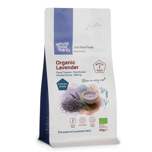Whole Food Earth organic dried lavender herbs in a clear jar, showcasing vibrant purple flowers for culinary and aromatic use.