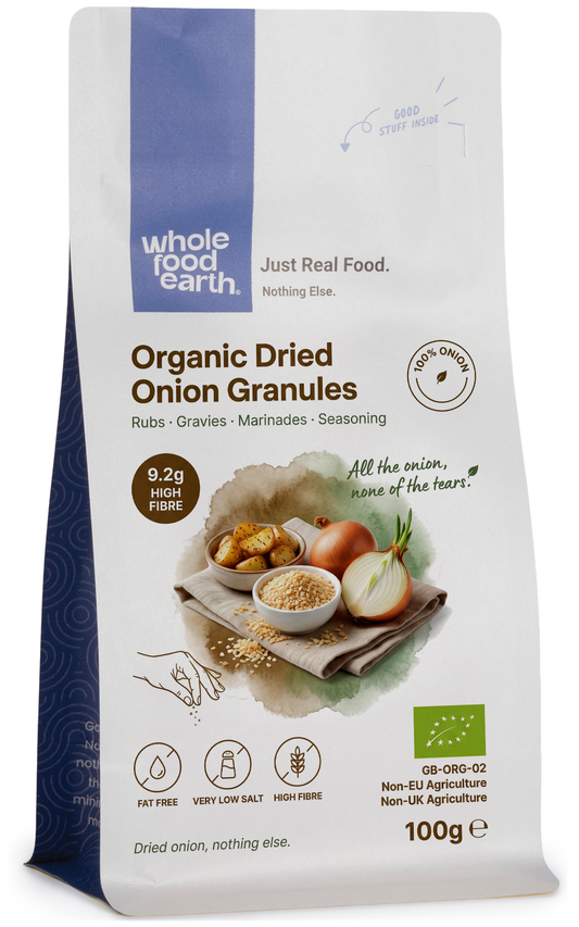 Organic onion granules from Whole Food Earth, close-up of jar showing dried onion spice in clear container.