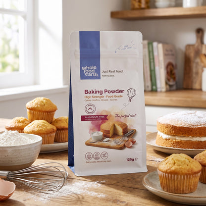 High strength baking powder from Whole Food Earth, mineral and salt blend, shown in a natural, close-up image.