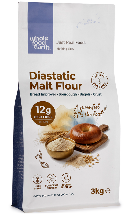 Whole Food Earth diastatic malt flour in a clear bag, showing the flour's light tan color and packaging details.