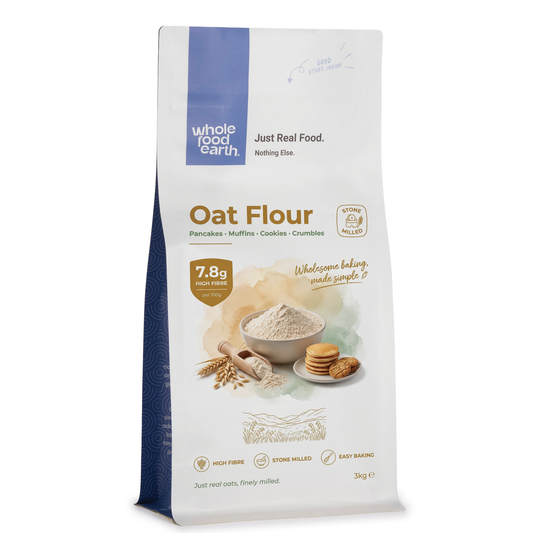 Whole Food Earth oat flour in a package, showing a close-up of the gluten-free, natural oat flour for baking and cooking.