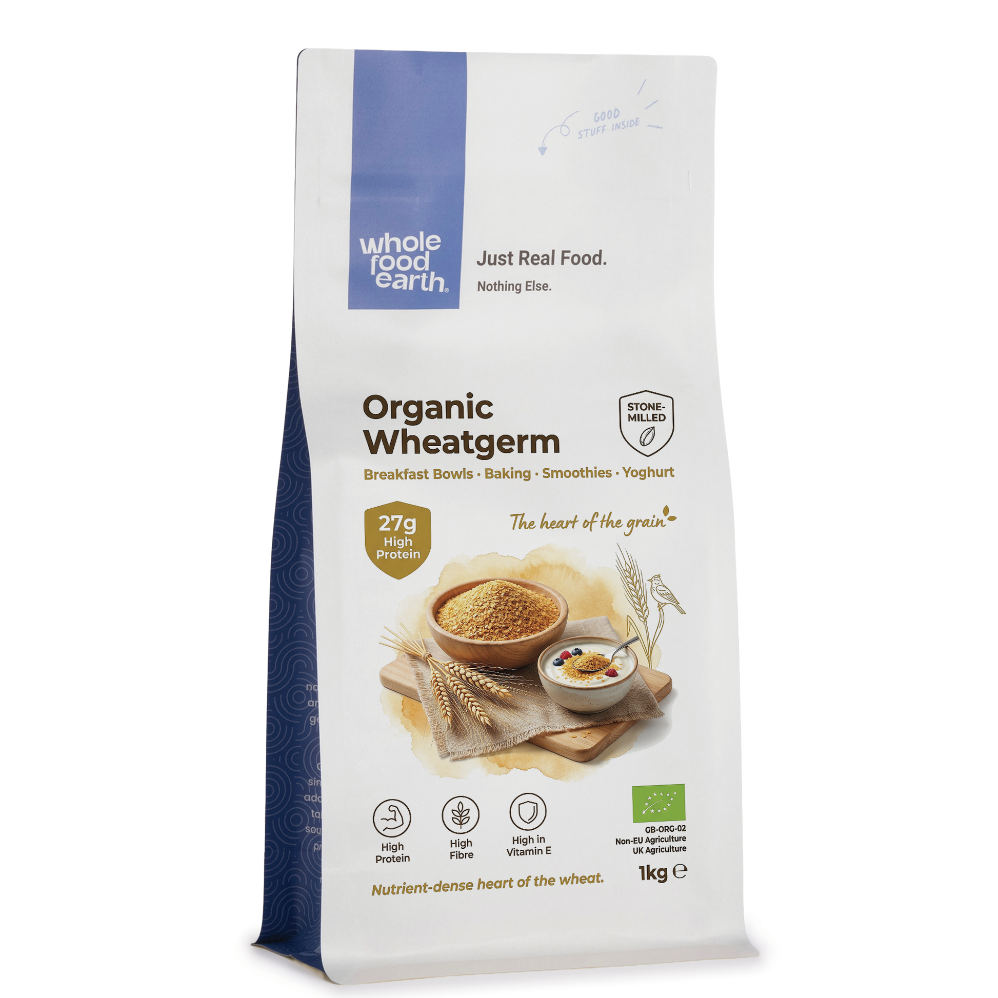 Organic Whole Food Earth wheatgerm in a clear jar showing golden wheatgerm grains on a white background.
