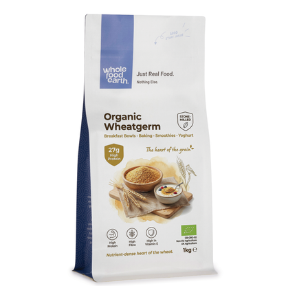 Organic Whole Food Earth wheatgerm in a clear jar showing golden wheatgerm grains on a white background.