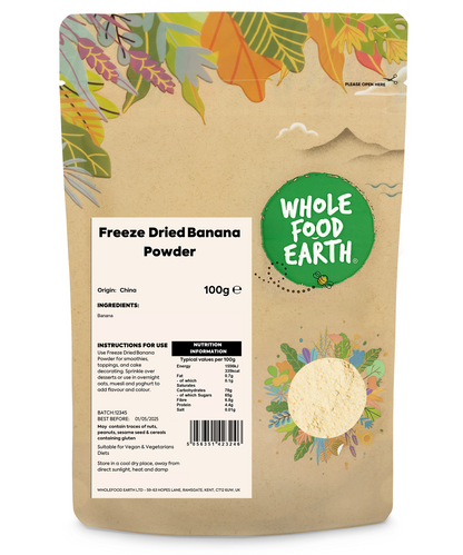 Freeze dried banana powder from Whole Food Earth, showing vibrant yellow dried banana slices in a clear container.