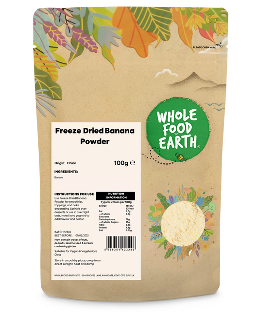 Freeze dried banana powder from Whole Food Earth, showing vibrant yellow dried banana slices in a clear container.